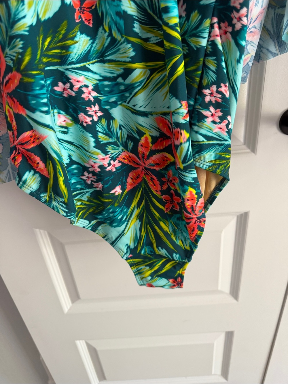 Tropical Floral Tie-Front one piece swimsuit Teal & Coral 18W - Picture 4 of 7